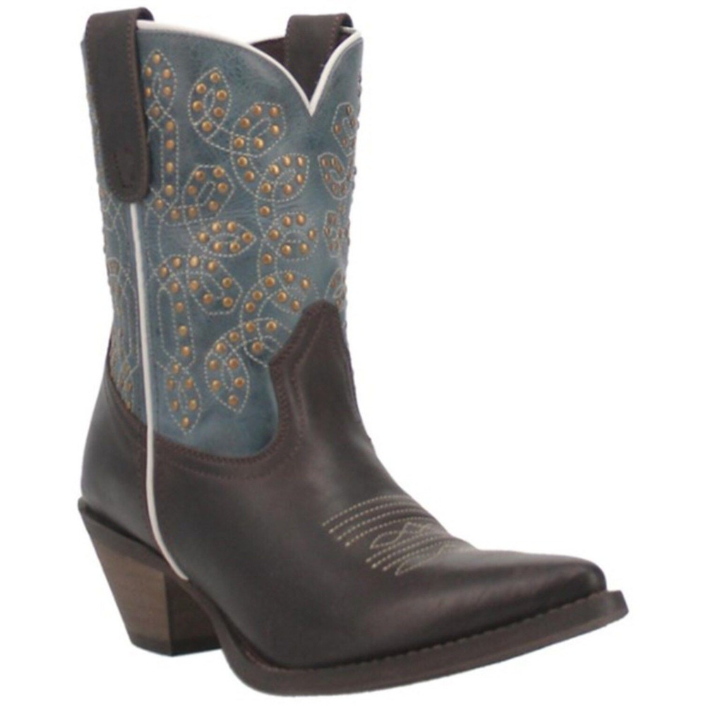Laredo Women's Randee Western Boots Chocolate Teal Snip Toe‎ Studded- Size 8.5